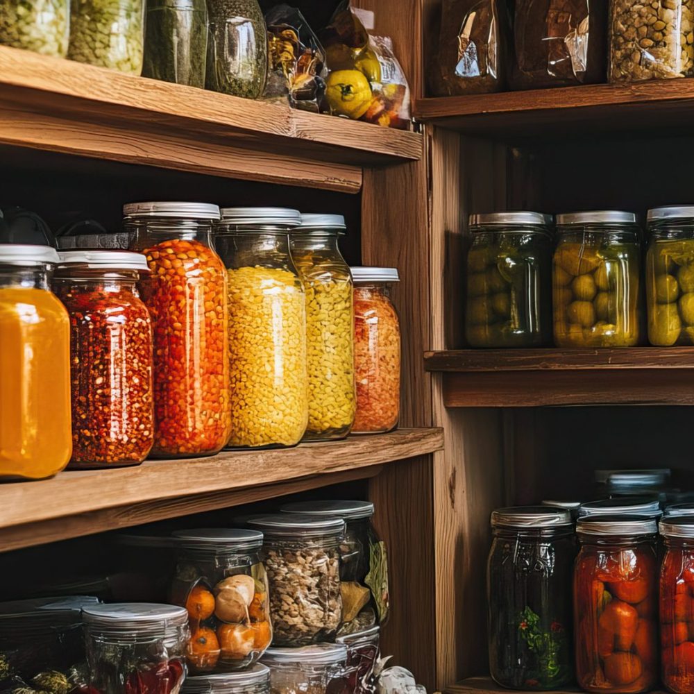 A well-stocked pantry with various jars filled with colorful ingredients